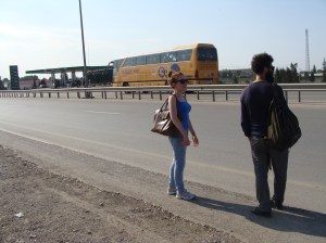 Jahangir and Gunel are waiting for a random car to take them home /Ganja/